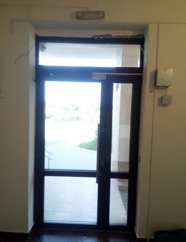 Пионерская. Дверь (наружная, в подъезд) из алюминиевого профиля ALUTECH W62. Покраска – 8017, 4е петли 8017, ручка-штанга стальная 1000мм.